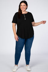 Black Button Front Plus Short Sleeve Top