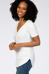 Ivory Ribbed Short Sleeve Button Detail Top