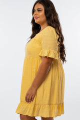 Yellow Square Smocked Neck Ruffle Hem Plus Dress