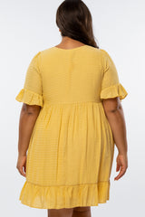 Yellow Square Smocked Neck Ruffle Hem Plus Dress