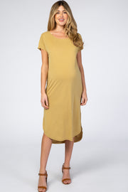 Mustard Raw Hem Short Sleeve Maternity Midi Dress