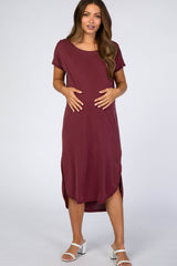 Burgundy Raw Hem Short Sleeve Maternity Midi Dress