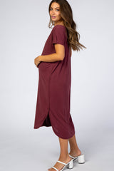 Burgundy Raw Hem Short Sleeve Maternity Midi Dress