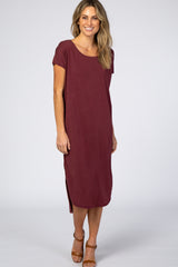 Burgundy Raw Hem Short Sleeve Maternity Midi Dress