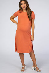 Orange Basic Side Slit Maternity Midi Dress