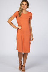 Orange Basic Side Slit Maternity Midi Dress