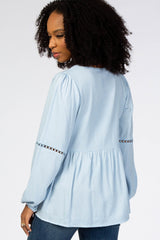 Light Blue Textured Crochet Trim Blouse