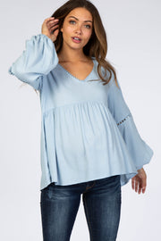 Light Blue Textured Crochet Trim Maternity Blouse