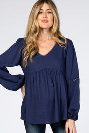 Navy Blue Textured Crochet Trim Maternity Blouse