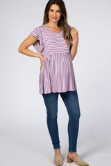 Lavender Striped Ruffle Sleeve Babydoll Maternity Top