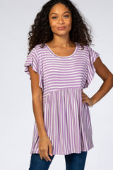 Lavender Striped Ruffle Sleeve Babydoll Maternity Top