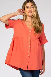 Orange Soft Linen Button Front Maternity Top