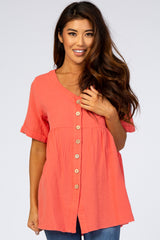 Orange Soft Linen Button Front Top