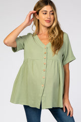 Light Olive Soft Linen Button Front Maternity Top