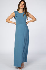 Blue Ruffle Sleeve Maternity Maxi Dress