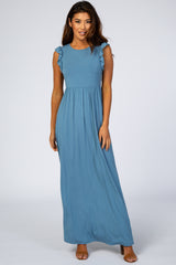 Blue Ruffle Sleeve Maternity Maxi Dress