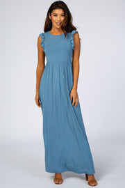 Blue Ruffle Sleeve Maxi Dress