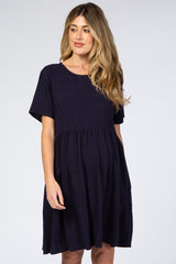 Navy Blue Linen Babydoll Maternity Dress