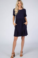 Navy Blue Linen Babydoll Maternity Dress