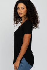 Black Ribbed Rounded Hem Short Sleeve Top