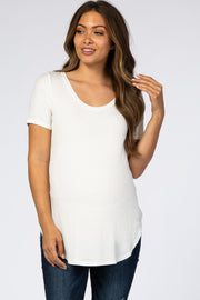 White Ribbed Rounded Hem Short Sleeve Maternity Top