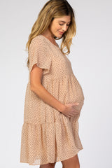 Beige Polka Dot Tiered Maternity Dress