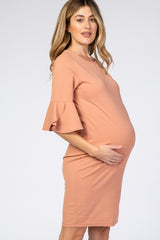 Salmon Fitted Ruffle Sleeve Maternity Dress