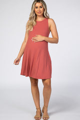 Rust Sleeveless Ribbed Maternity Dress