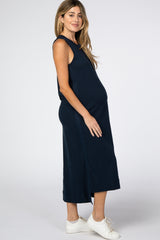 Navy Blue Front Button Hi-Low Maternity Midi Dress