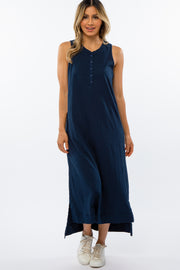 Navy Blue Front Button Hi-Low Midi Dress