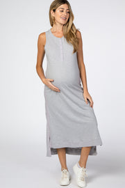 Grey Front Button Hi-Low Maternity Midi Dress