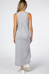 Grey Front Button Hi-Low Maternity Midi Dress