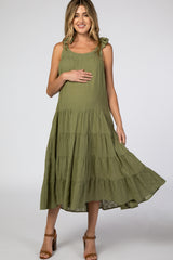 Olive Shoulder Tie Tiered Maternity Midi Dress