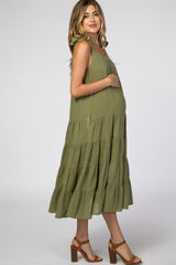 Olive Shoulder Tie Tiered Maternity Midi Dress