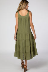 Olive Shoulder Tie Tiered Maternity Midi Dress