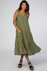 Olive Shoulder Tie Tiered Maternity Midi Dress