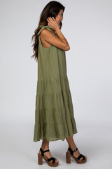 Olive Shoulder Tie Tiered Midi Dress