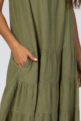 Olive Shoulder Tie Tiered Midi Dress