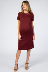 Burgundy Short Sleeve Maternity Midi Dress