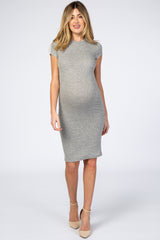 Grey Ribbed Fitted Maternity Dress