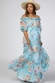 Light Blue Floral Chiffon Off Shoulder Maternity Maxi Dress