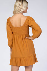 Camel Textured Stripe Sweetheart Neck Dress