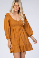 Camel Textured Stripe Sweetheart Neck Dress