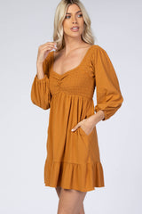 Camel Textured Stripe Sweetheart Neck Dress