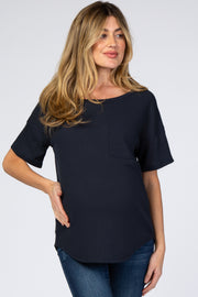 Navy Waffle Knit Pocket Front Maternity Top