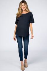 Navy Waffle Knit Pocket Front Maternity Top