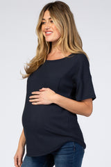 Navy Waffle Knit Pocket Front Maternity Top