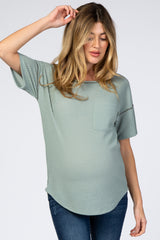 Sage Waffle Knit Pocket Front Maternity Top