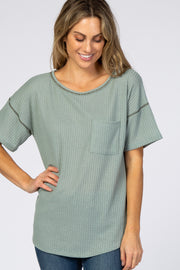 Sage Waffle Knit Pocket Front Top