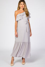 Grey Chiffon One Shoulder Ruffle Maternity Maxi